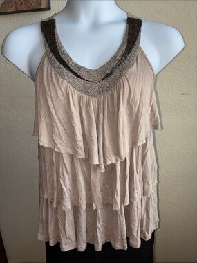 a'gaci Tan Tiered Ruffle Tank with Beaded Neckline